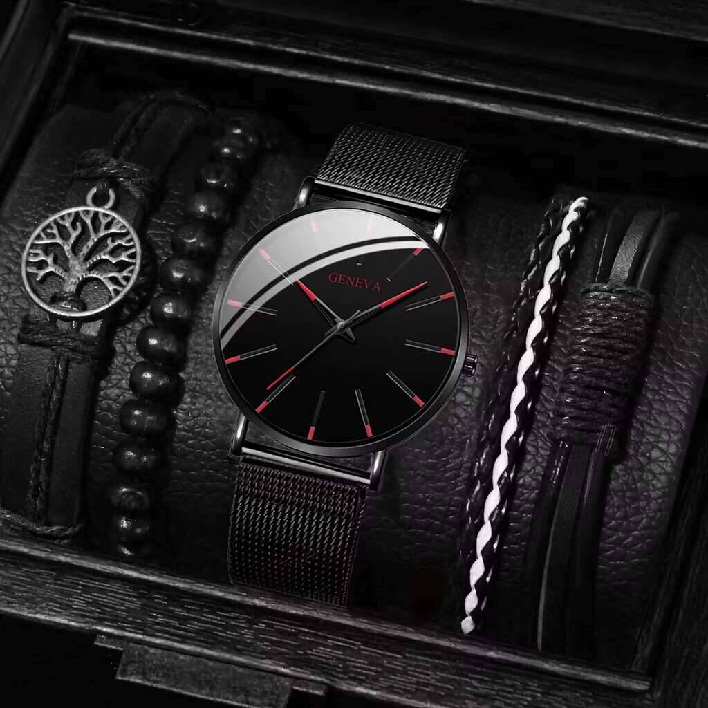 Luxury Watch Organizer For Men - طقم ساعة وسوار كوارتز رجالي من