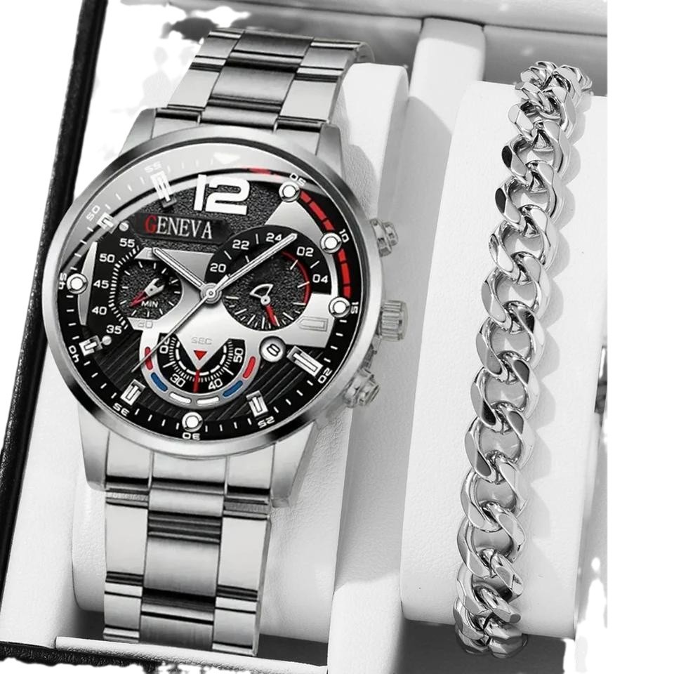Luxury Watch Organizer For Men - 2 قطعة ساعة كوارتز سوداء فاخرة