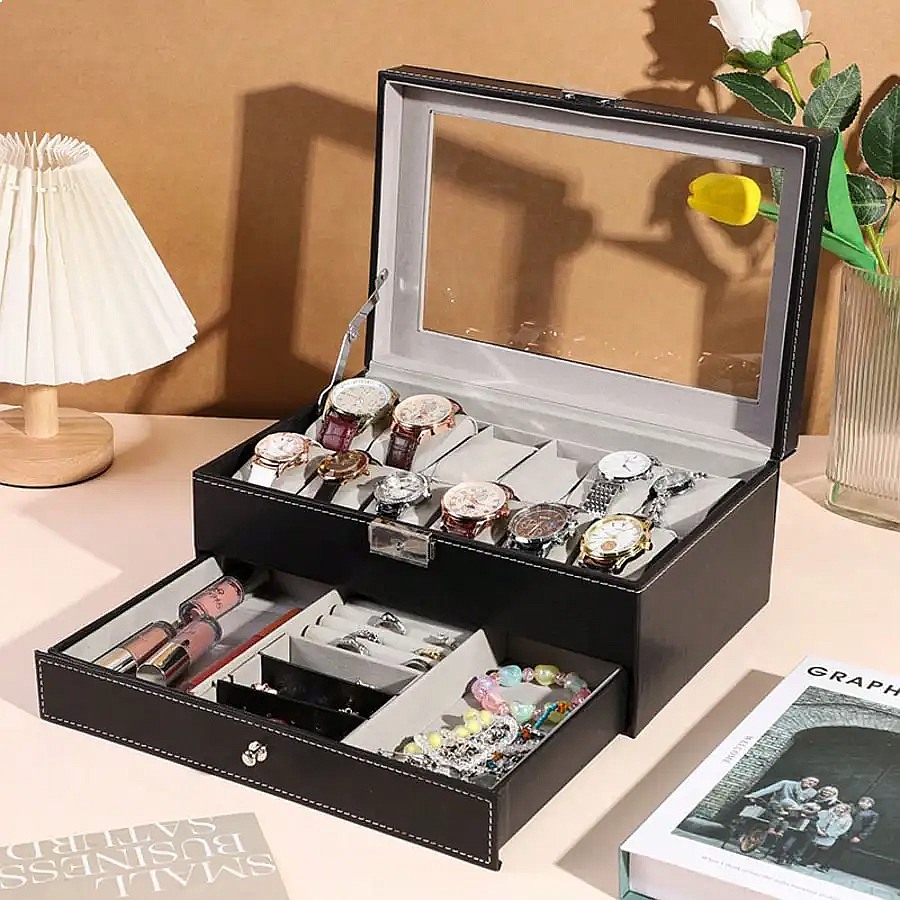 صندوق ساعات بـ 12 فتحة مع درج، - مراجعة Luxury Watch Organizer For Men وسعره