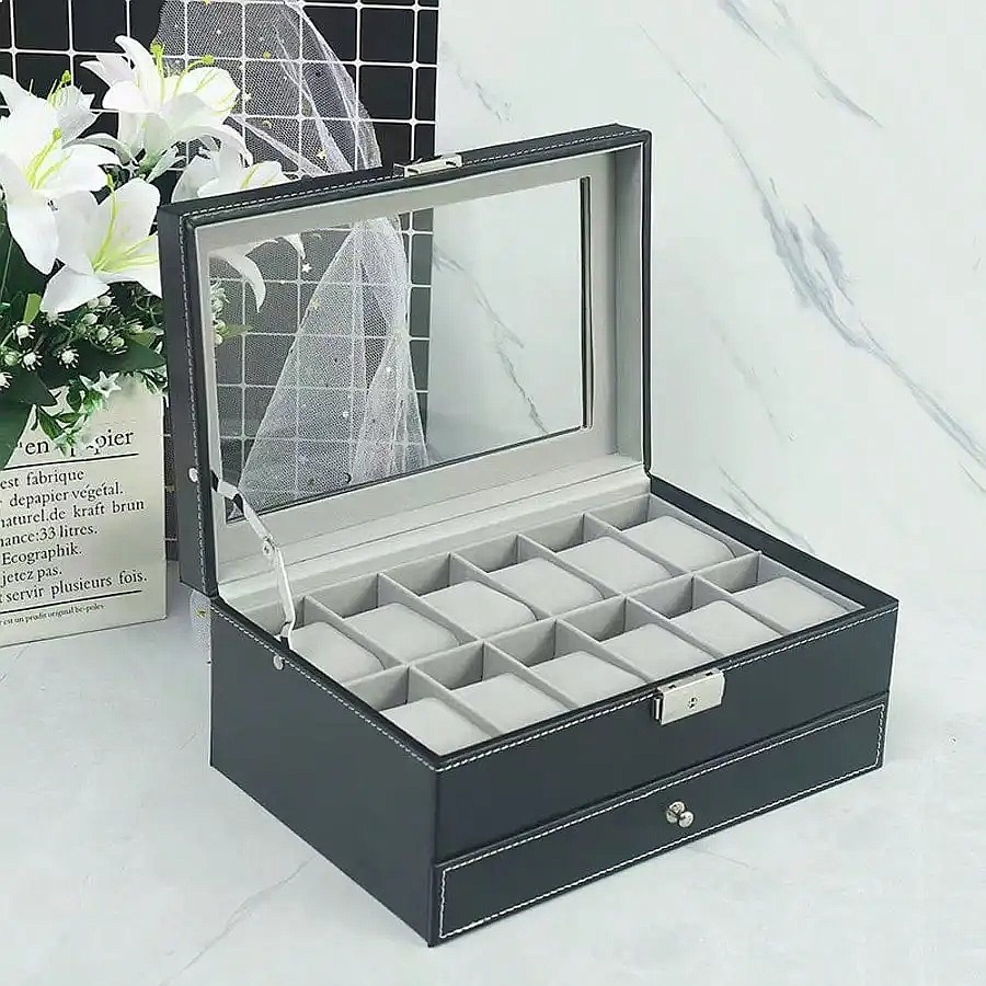 صندوق ساعات بـ 12 فتحة مع درج، - مراجعة Luxury Watch Organizer For Men وسعره